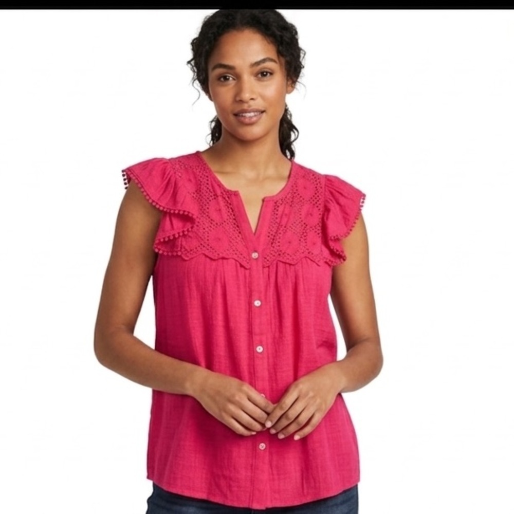 Nanette by Nanette Lepore Dark Pink Flutter Sleeve Crochet Blouse Large